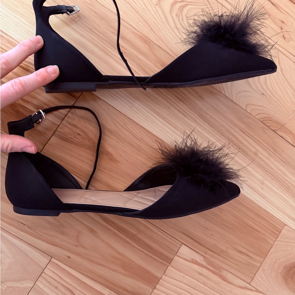 Bcbgeneration Black Feathered Flat Ankle Strap Sa… - image 2